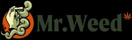 Logo de "Mr. Weed" con mano y humo, junto a hoja de cannabis pequeña al lado derecho.