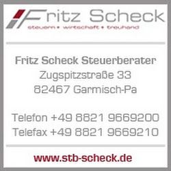 Fritz Scheck Steuerberater Info: Adresse in Garmisch-Partenkirchen, Telefon und Webseite angegeben.