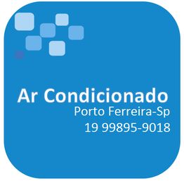 Imagem com texto: "Ar Condicionado, Porto Ferreira-SP, 19 99895-9018" em azul com quadrados claros.