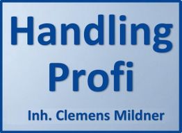 Blaues Schild mit Aufschrift „Handling Profi, Inh. Clemens Mildner“.