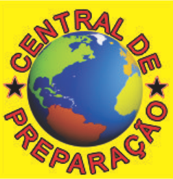 Logotipo com globo azul, texto "Central de Preparação" em amarelo e estrelas pretas.