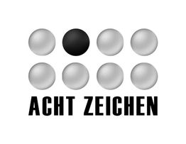 Neun Kugeln, eine schwarz. Text: "ACHT ZEICHEN".