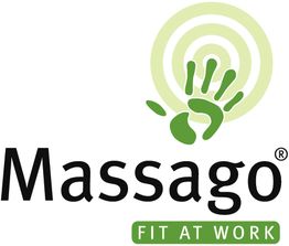 Logo von Massago: Grüner Handabdruck mit Zielscheibe darüber, Text "Fit at Work".