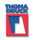 Logo mit rotem Quadrat, blau-weißem Muster und dem Text "THOMA DRUCK" oben.