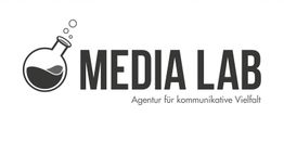 Logo mit Reagenzglas und Text "MEDIA LAB - Agentur für kommunikative Vielfalt".