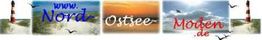 Banner mit Schrift: "www.Nord-Ostsee-Möwen.de", Leuchttürme, Strand und Möwen im Hintergrund.