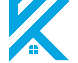 Blue abstract logo with letter K and a small house icon at the bottom.