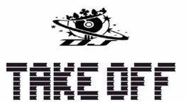 Logo mit DJ-Symbol und dem Text "TAKE OFF" in stilisierter Schrift.