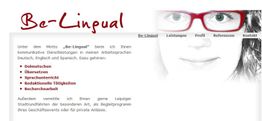 Webseite von Be-Lingual mit Sprachdienstleistungen und Foto eines Gesichts mit roter Brille.