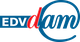 Logo mit Text: "EDVdam" in blau-rot mit stilisiertem Kreis um "dam".