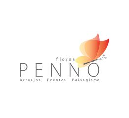 Logotipo com borboleta laranja e texto: "Flores Penno, Arranjos, Eventos, Paisagismo".