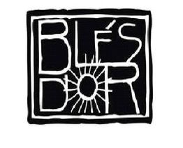 Logotipo com letras estilizadas "BLÉS D'OR" e um desenho de sol ao centro, fundo preto e contorno branco.