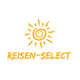 Logo mit einer Sonne und dem Text "REISEN-SELECT" in orange.