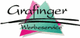 Logo mit Text "Grafinger Werbeservice", Hintergrund mit rosa und grünen Dreiecken.