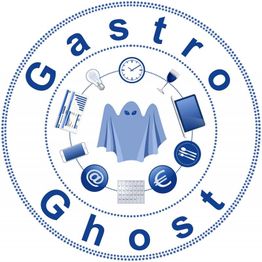 Ghost-Logo mit Uhr, Smartphone, Eurozeichen, Email-Symbol, Smartphone und Weinglas im Kreis.