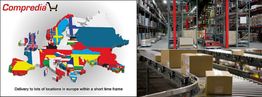 Europakarte aus Länderflaggen, daneben Lagerhalle mit Förderband und Paketen. Beschriftung: "Compredia".