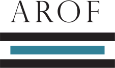 Logo con testo "AROF" sopra due barre orizzontali, una nera e una blu scura.