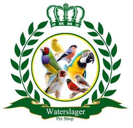 Eine Auswahl bunter Vögel im Logo des "Waterslager Pet Shop", umrahmt von grünen Blättern.