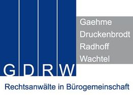 Logo mit Buchstaben GDRW und den Namen Gaehme, Druckenbrodt, Radhoff, Wachtel in blauen Rechtecken.