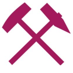 Gekreuzter Schlägel und Eisen, Symbol für Bergbau, in pink auf weißem Hintergrund.