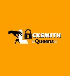 Locksmith Queens logo with a key, hand, and lock on an orange background.