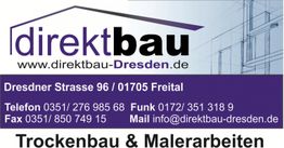 Visitenkarte: direktbau, Adresse, Kontaktinfos, Website. Trockenbau und Malerarbeiten.