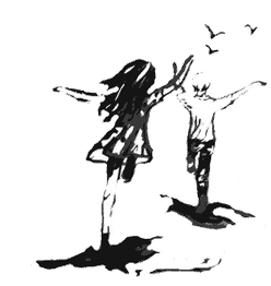 Zwei fröhliche Kinder tanzen mit ausgestreckten Armen, während Vögel um sie herumfliegen.