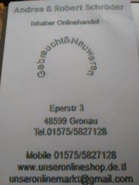 Visitenkarte von Andrea & Robert Schröder, Gebraucht- und Neuwaren, Onlinehandel, Kontaktinfos.