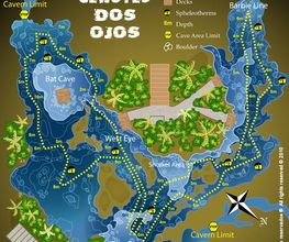 Mapa de los cenotes Dos Ojos con rutas de snorkel, límites de caverna y áreas verdes señaladas.