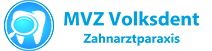 Logo der MVZ Volksdent Zahnarztpraxis mit einem stilisierten Zahn-Symbol.
