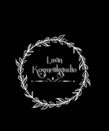 „Lavin Kosmetikstudio“-Logo, weißer Schriftzug und Blätterkranz auf schwarzem Hintergrund.