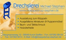 Visitenkarte der Drechslerei Michael Stephani mit Kontaktdaten und Angebot an Klöppelprodukten.
