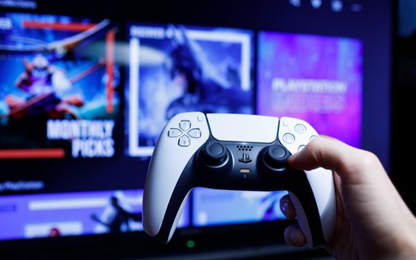 Ein Gamer hält einen Controller der PS5 vor seinen Gamingmonitor, auf dem verschiedene Spiele zu sehen sind.