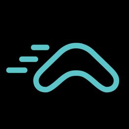 Abstraktes Logo in Türkis auf schwarzem Hintergrund, dynamisches Design mit gebogenen Linien.