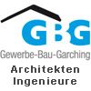 GBG-Logo, Text: "Gewerbe-Bau-Garching, Architekten Ingenieure", mit einem stilisierten Dach.