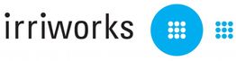 Logo di Irriworks con testo nero e cerchi blu contenenti griglie di punti bianchi.