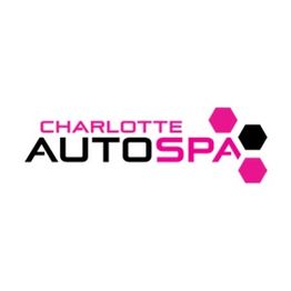 Logo of Charlotte Auto Spa with pink and black hexagons next to the text.