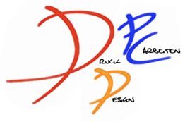 Logo mit roten, blauen und orangefarbenen Linien, Text: Druck, Arbeiten, Design.