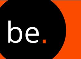 Schwarze Kreishälfte auf Orange mit weißem "be." in der Mitte.