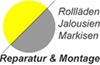 Gelbes und graues Kreis-Logo für Rollläden, Jalousien, Markisen. Text: "Reparatur & Montage".