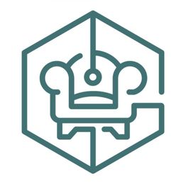 Ikon eines Sessels in einem Sechseck, minimalistischer Stil, grün auf weißem Hintergrund.