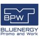 Logo Bluenergy Promo and Work, sfondo blu, scritta bianca "BPW" stilizzata a forma di maglia.
