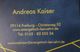 Visitenkarte mit Namen Andreas Kaiser, Adresse in Freiburg, Web- und E-Mail-Adresse sowie Telefonnummer.