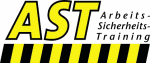 Logo von AST Arbeits-Sicherheits-Training mit gelb-schwarzen Streifen unten.