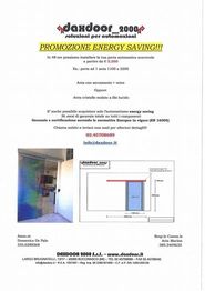 Volantino promozionale "Energy Saving" di Daxdoor 2000, con immagine di una porta automatica.