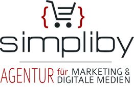Logo mit einem Einkaufswagensymbol und dem Text: "Simpliby, Agentur für Marketing & Digitale Medien".