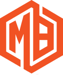 Orange hexagon with bold, interlocking "MB" letters inside.