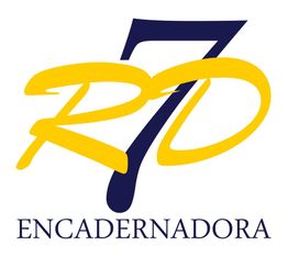 "Logotipo azul e amarelo com as letras R e D sobrepostas e a palavra 'Encadernadora' abaixo."