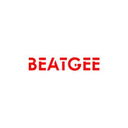Roter Schriftzug "BEATGEE" auf weißem Hintergrund, stilisiertes Design.