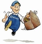 Cartoon-Mechaniker in blauer Latzhose mit Werkzeugkasten, freudig in Bewegung.